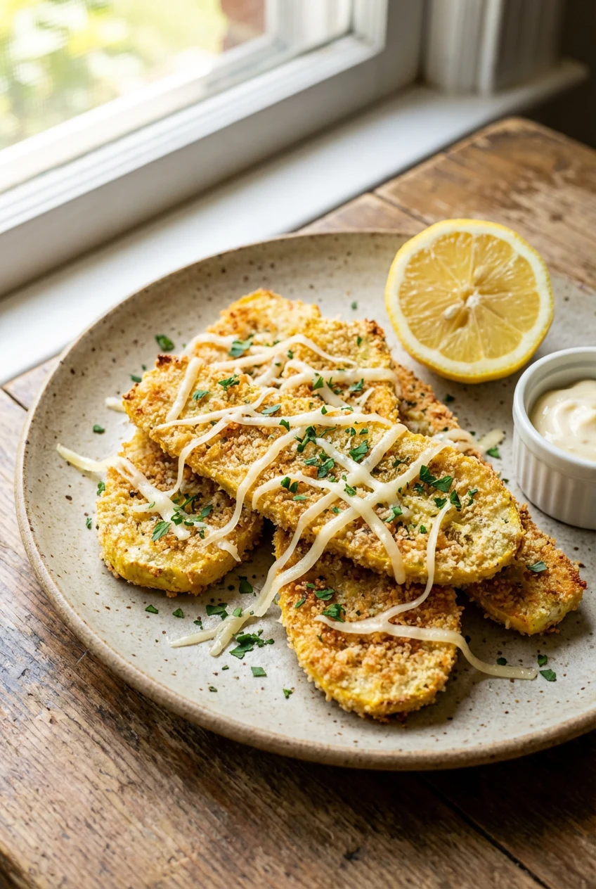 Beautifully plated crispy lemon-garlic yellow squash on a matte ceramic plate; freshly grated Parmesan melting into the 