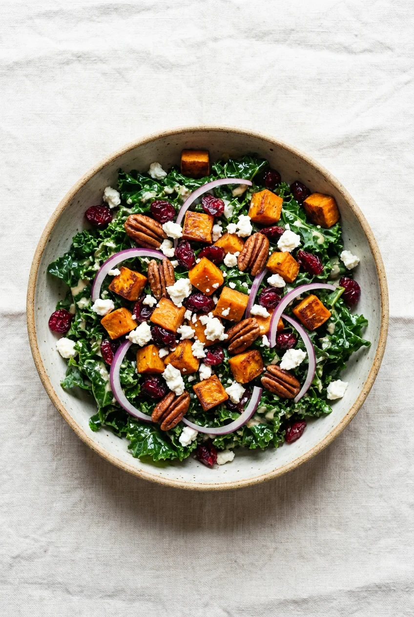 3. Tasty top view: Overhead shot of Harvest Sweet Potato + Cranberry—dark-green kale base glossed with tahini-lemon dres