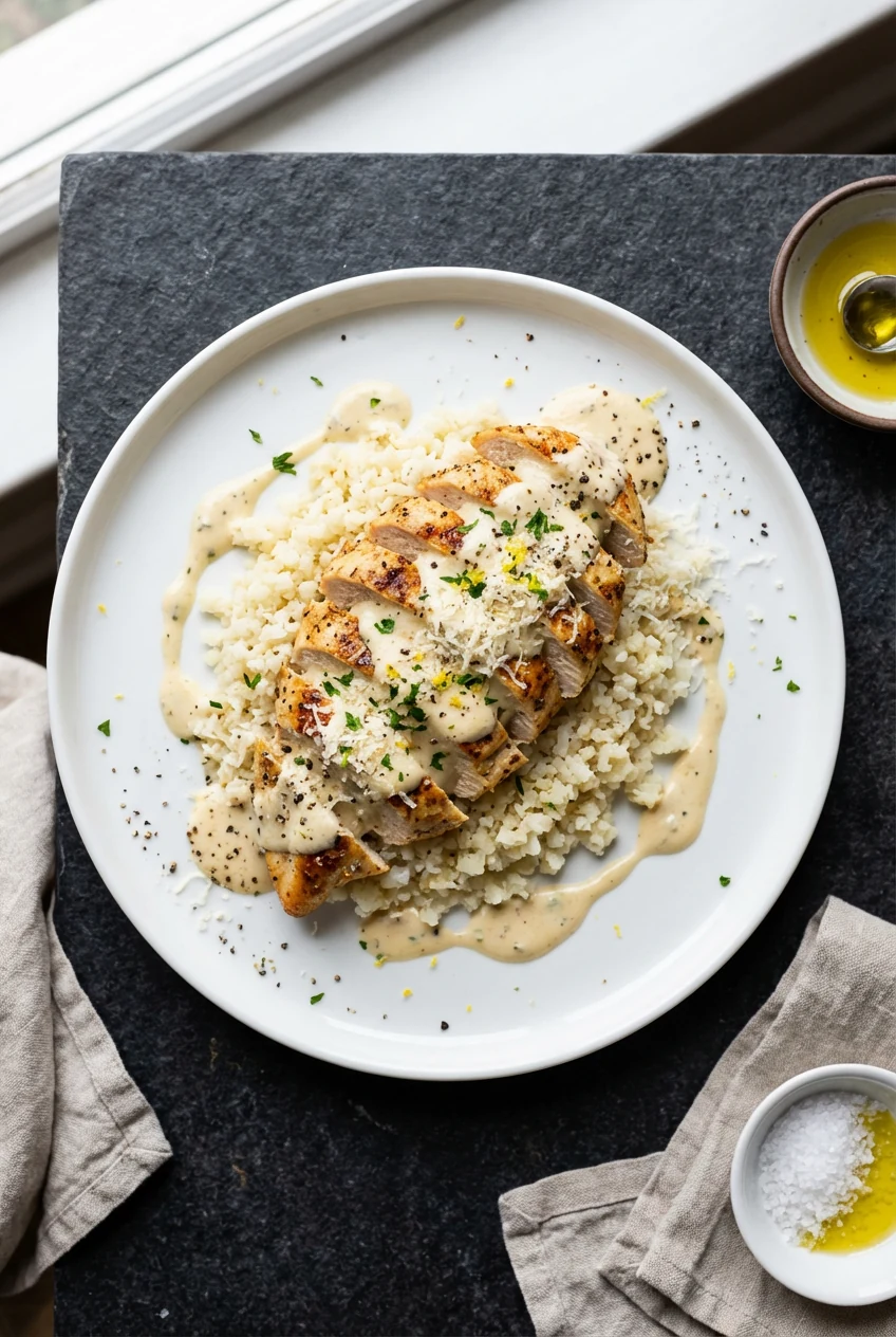 3. Overhead shot of sliced keto chicken over cauliflower rice, generous spooned sauce pooling around, freshly grated Par