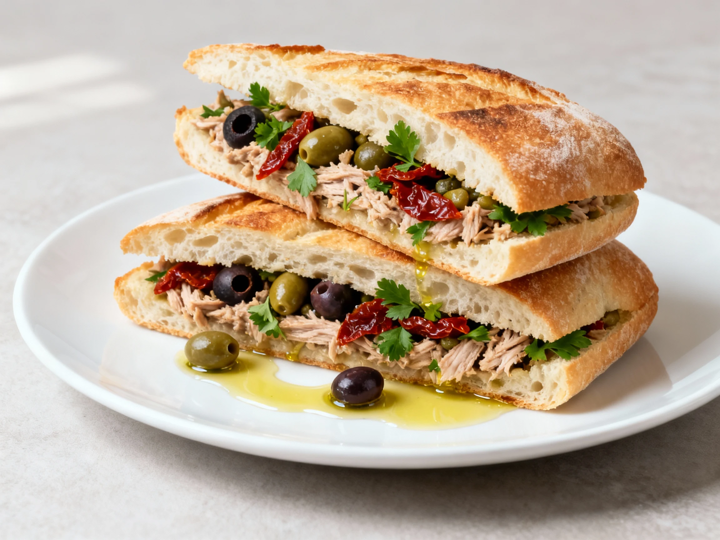 Food photography, Final dish presentation of a Mediterranean tuna sandwich on toasted ciabatta: capers, chopped olives, 