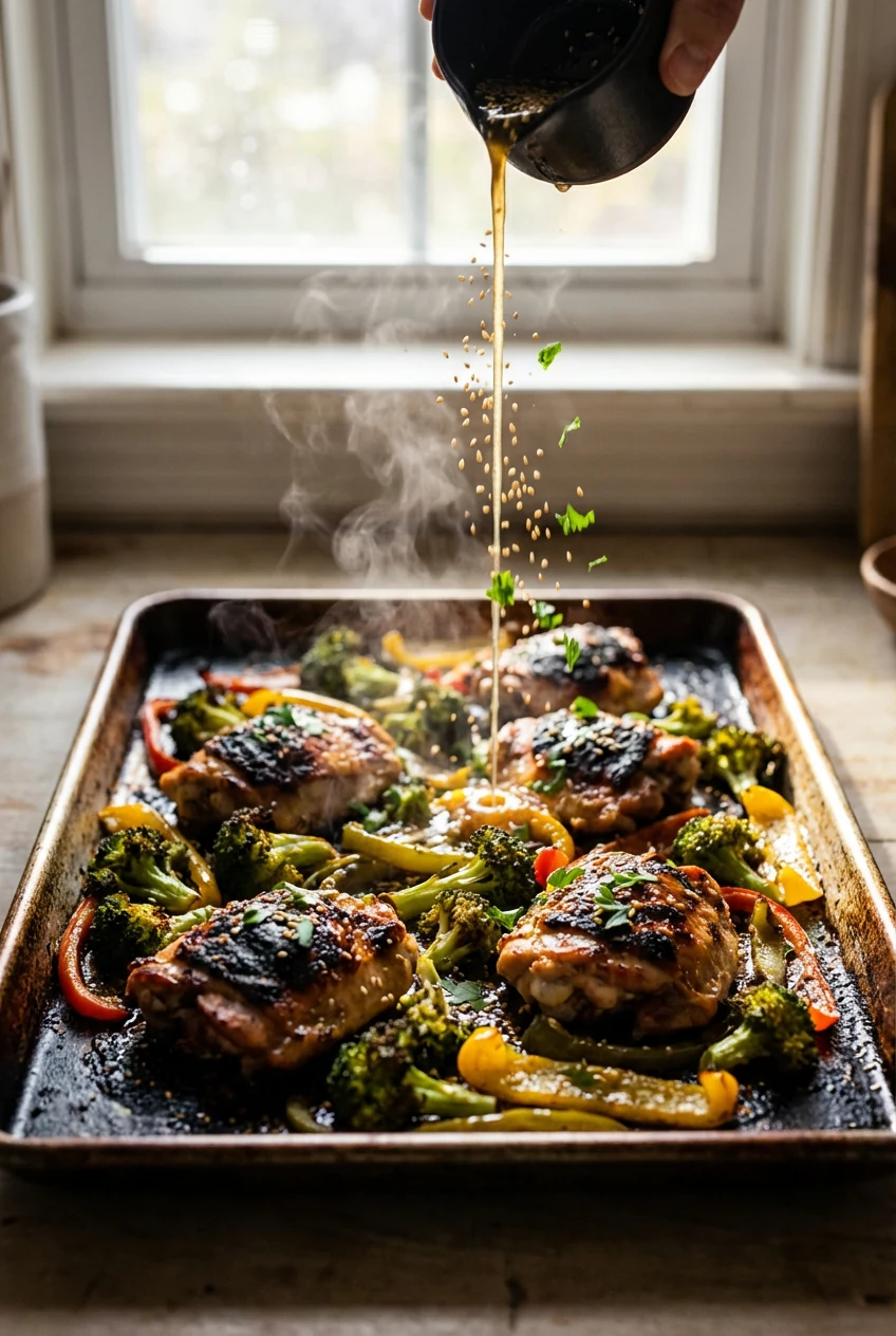 Cooking process action: broiled-for-2–3-minutes sheet pan with extra char, warm honey-garlic sauce freshly drizzled over