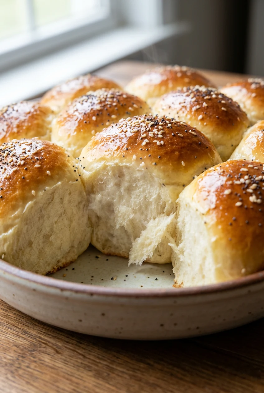 Close-up of pull-apart dinner rolls just out of the oven, glossy butter-brushed tops, even golden color, sprinkled sesam