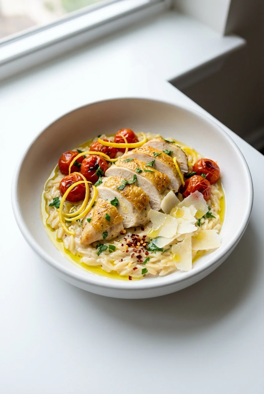 3. Beautifully plated lemon-parsley chicken with silky orzo in a matte ceramic bowl—cherry tomatoes just warmed, ribbons