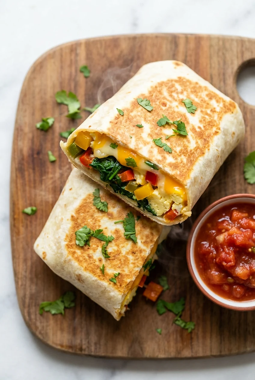 Overhead shot of a warm tortilla wrap stuffed with the cheesy veggie scramble, toasted seam-side and cut in half to reve