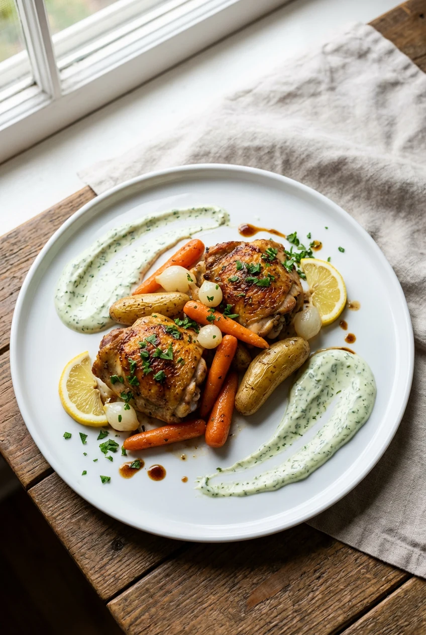 Final dish: Beautifully plated roasted chicken thighs with butter-glossed vegetables, swoops of cool herb yogurt (Greek 