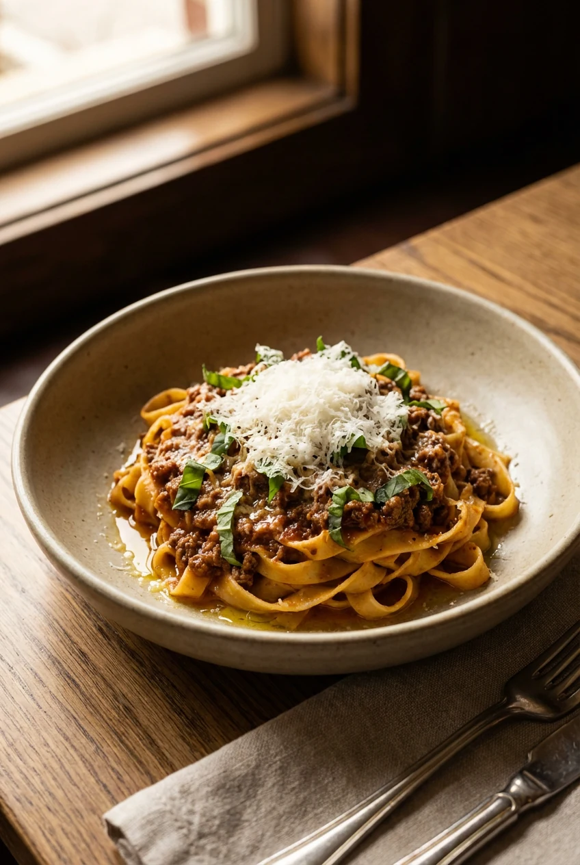 Beautifully plated comfort-packed pasta: al dente noodles coated in silky minced beef sauce that clings, shower of grate