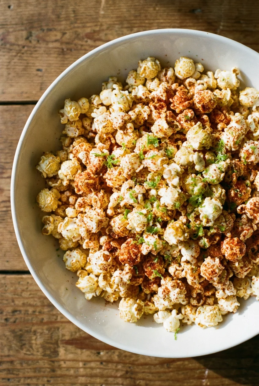 Overhead shot of Chili-Lime Tajín popcorn in a wide white bowl—warm butter sheen, vibrant red Tajín dust, bright lime ze