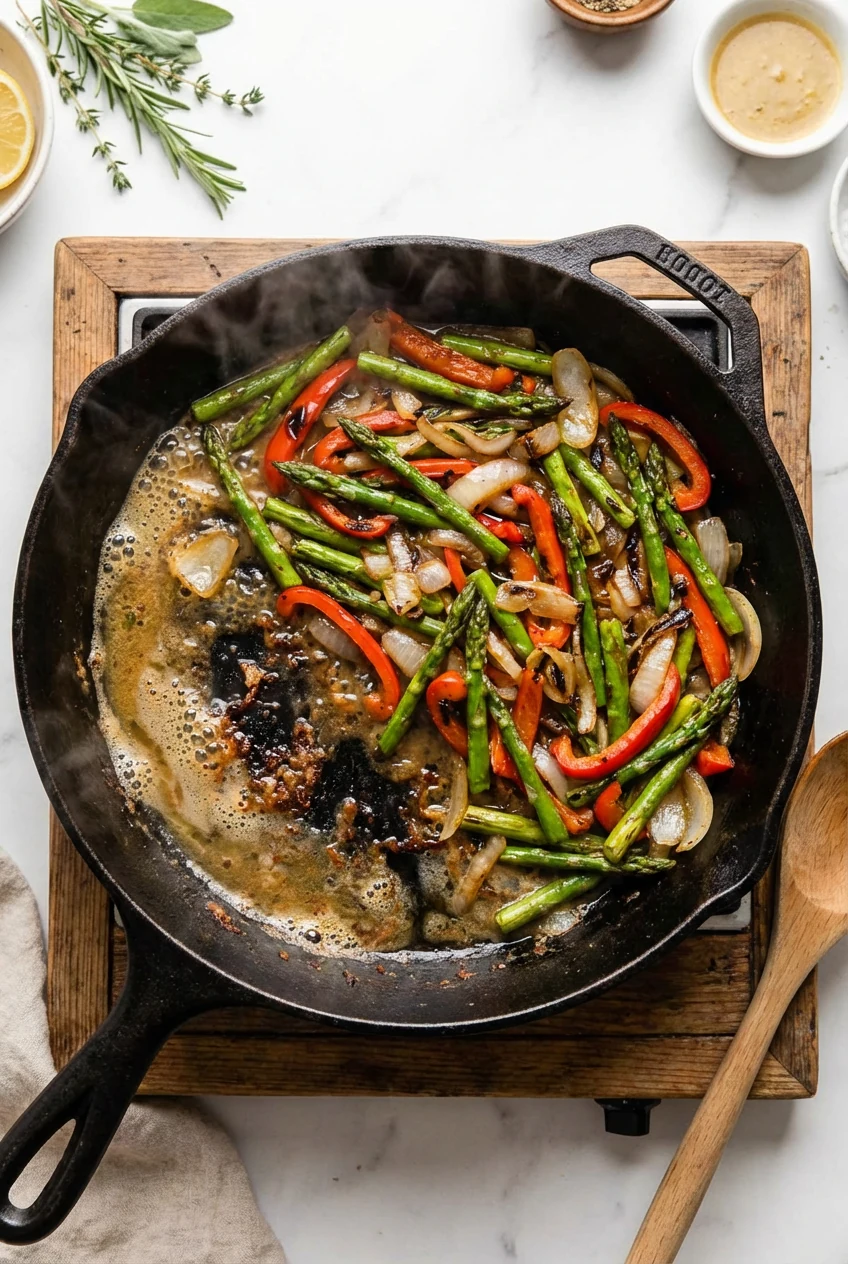 3. Cooking process in the same skillet: veggies sautéing to lightly charred while the lemon-Dijon broth deglazes with vi