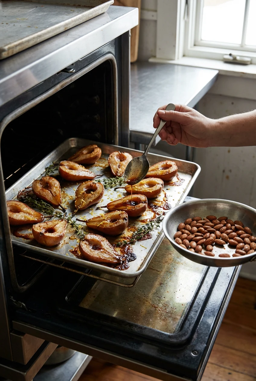 3. Cooking process scene: three-quarter overhead of sheet pan mid-roast at 425°F, metal spoon dripping pan juices over c