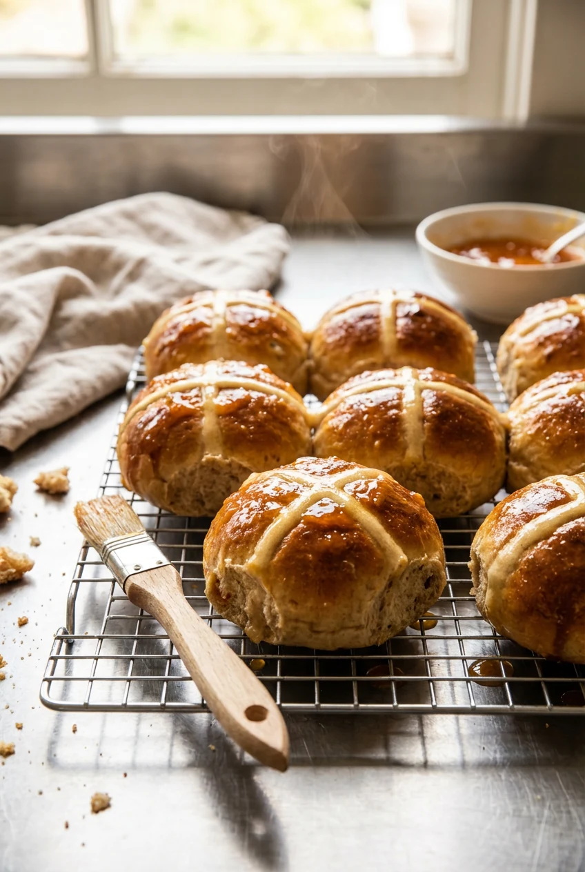3. Cooking process: just-baked hot cross buns on a cooling rack being glazed—apricot jam freshly brushed so the tops gli