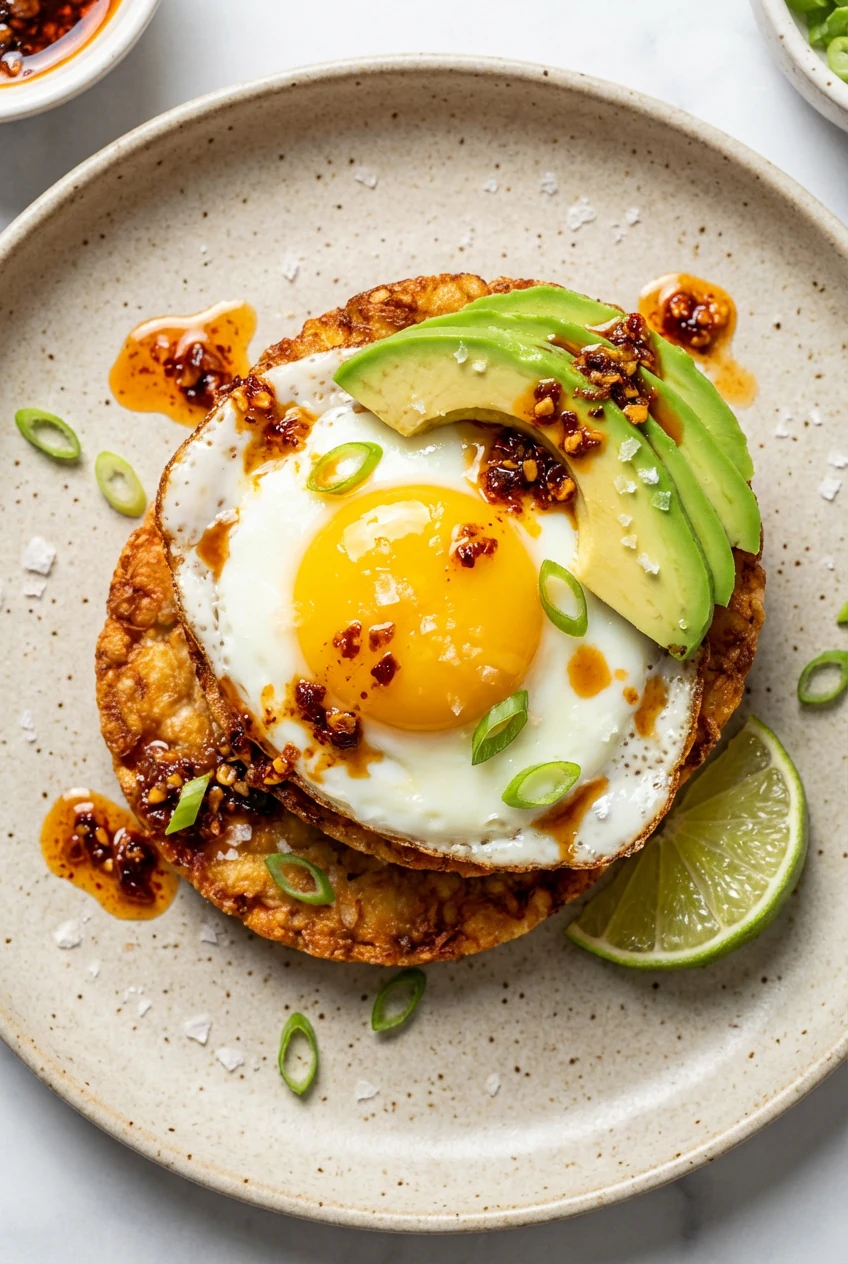Overhead top view: Breakfast rice cake stack topped with a sunny fried egg (runny yolk), fanned avocado slices, amber ch