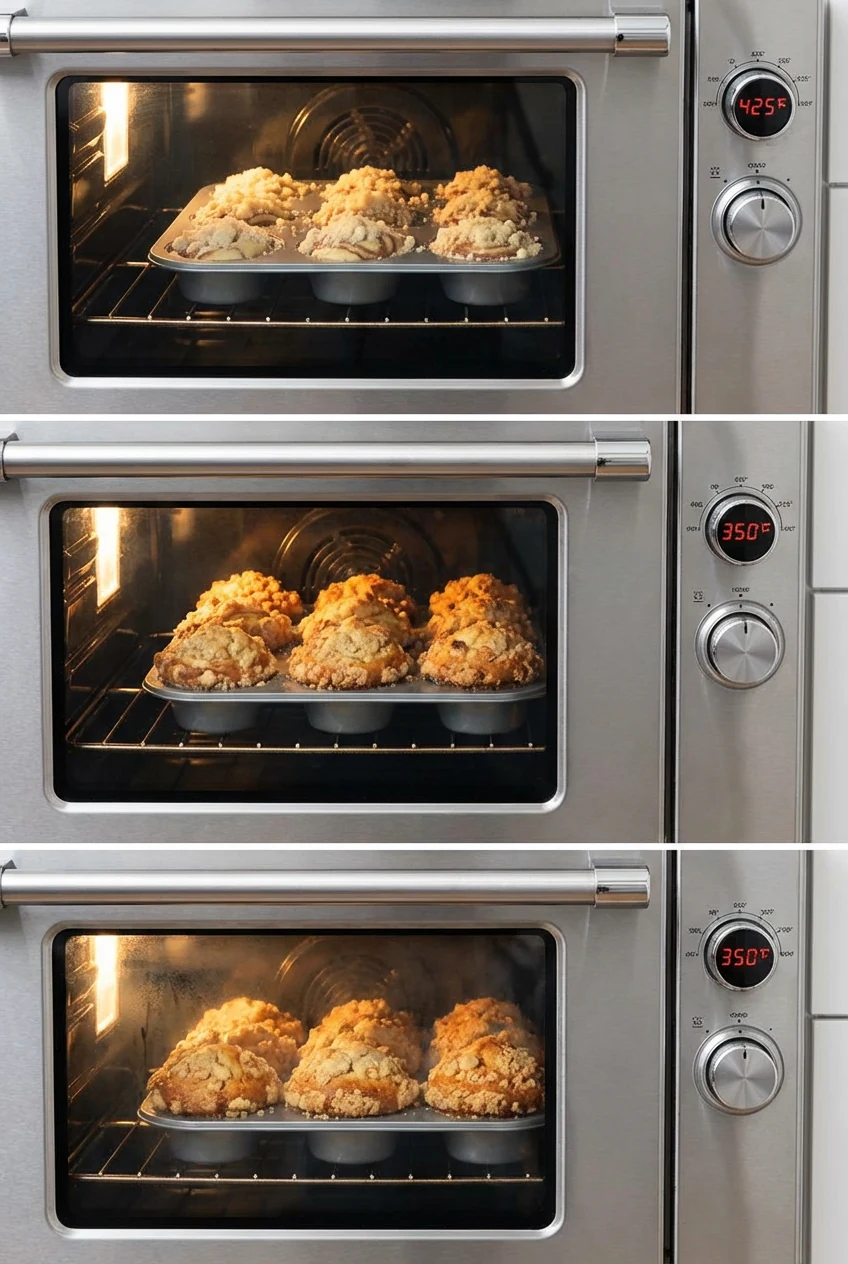 Cooking process: muffins rising in the oven—cinnamon-swirl batter topped with streusel, crowns puffing during the 425°F 