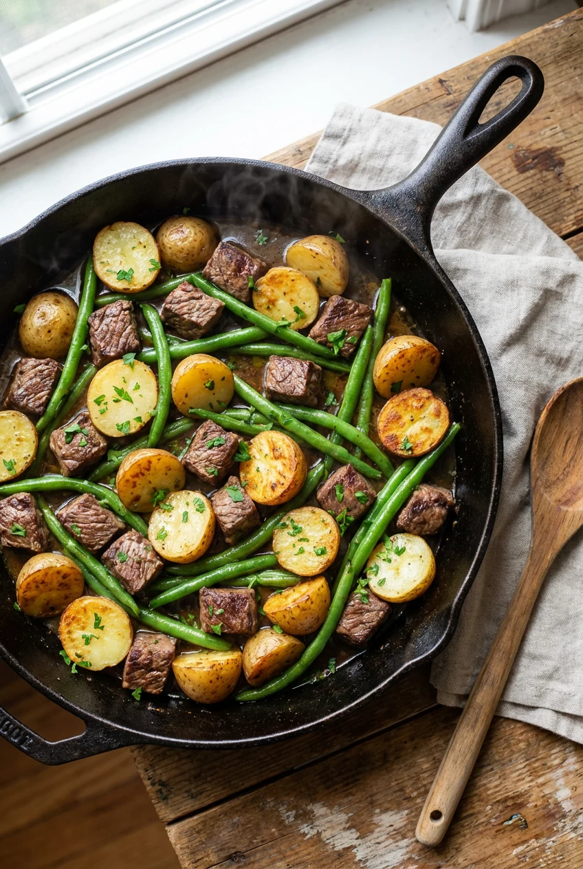 3. Overhead shot of the one-pan dish: browned beef, cut-side golden baby potatoes, snappy bright-green beans, glossy pan