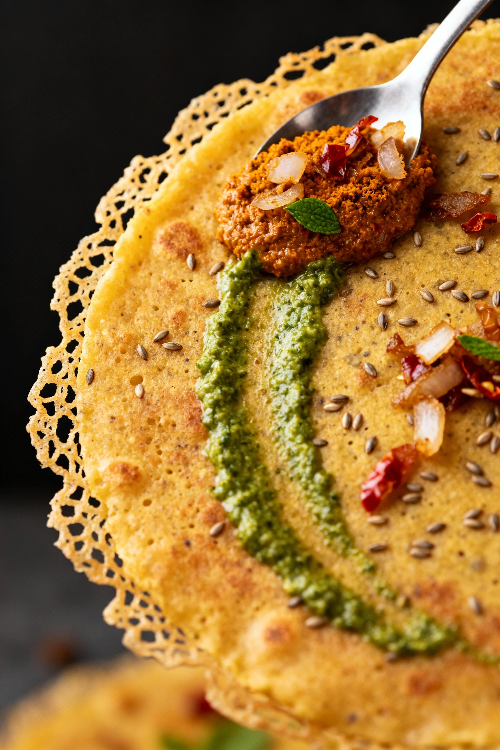 Close-up of besan chilla—lacey crisp edges and golden surface, speckled with ajwain and sautéed onion-chili bits, topped