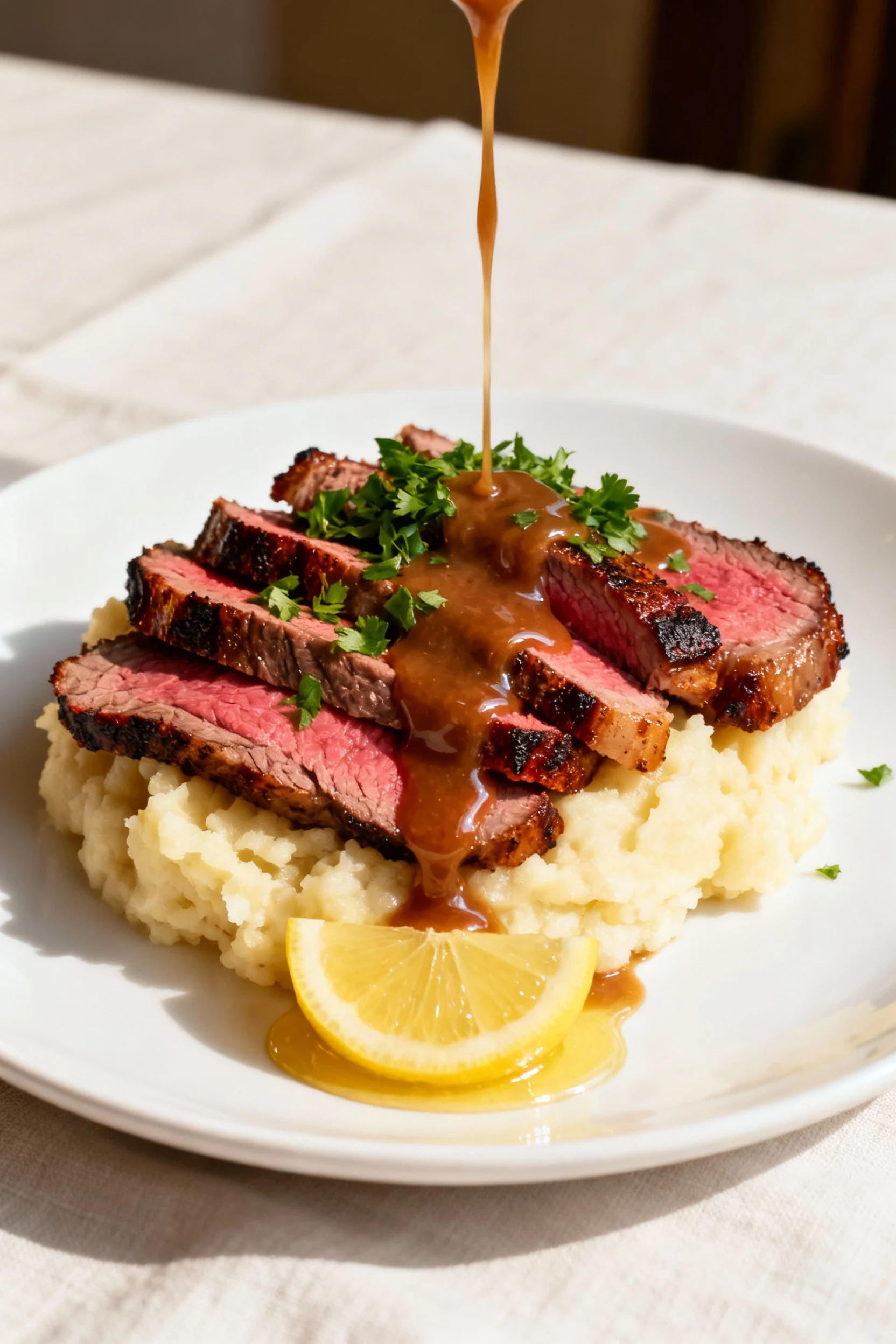 Beautifully plated sliced roast beef over creamy mashed potatoes with glossy thickened gravy cascading, finished with a 