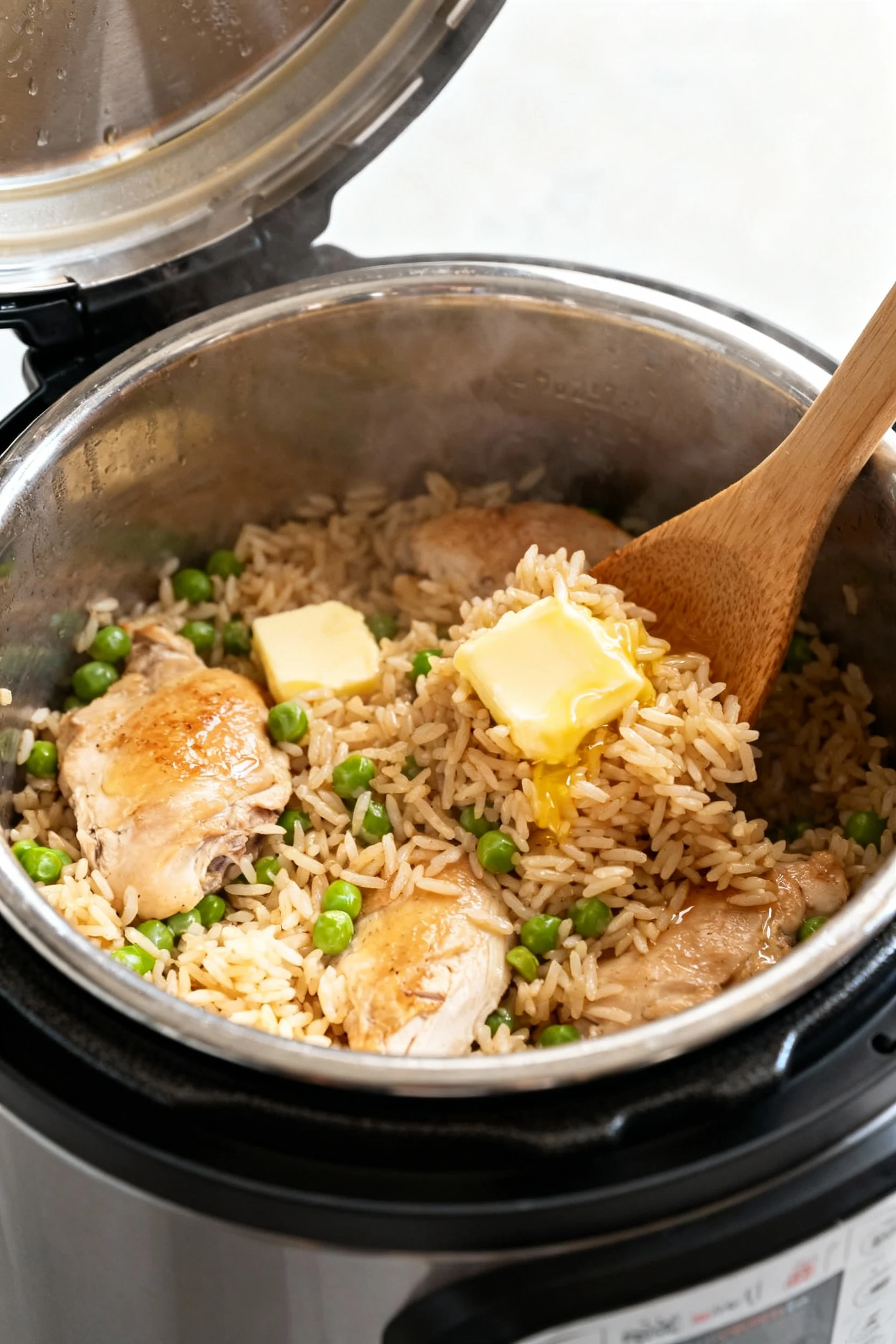 Cooking process: pressure cooker just opened, steamed finished rice and chicken being gently fluffed with a wooden spoon