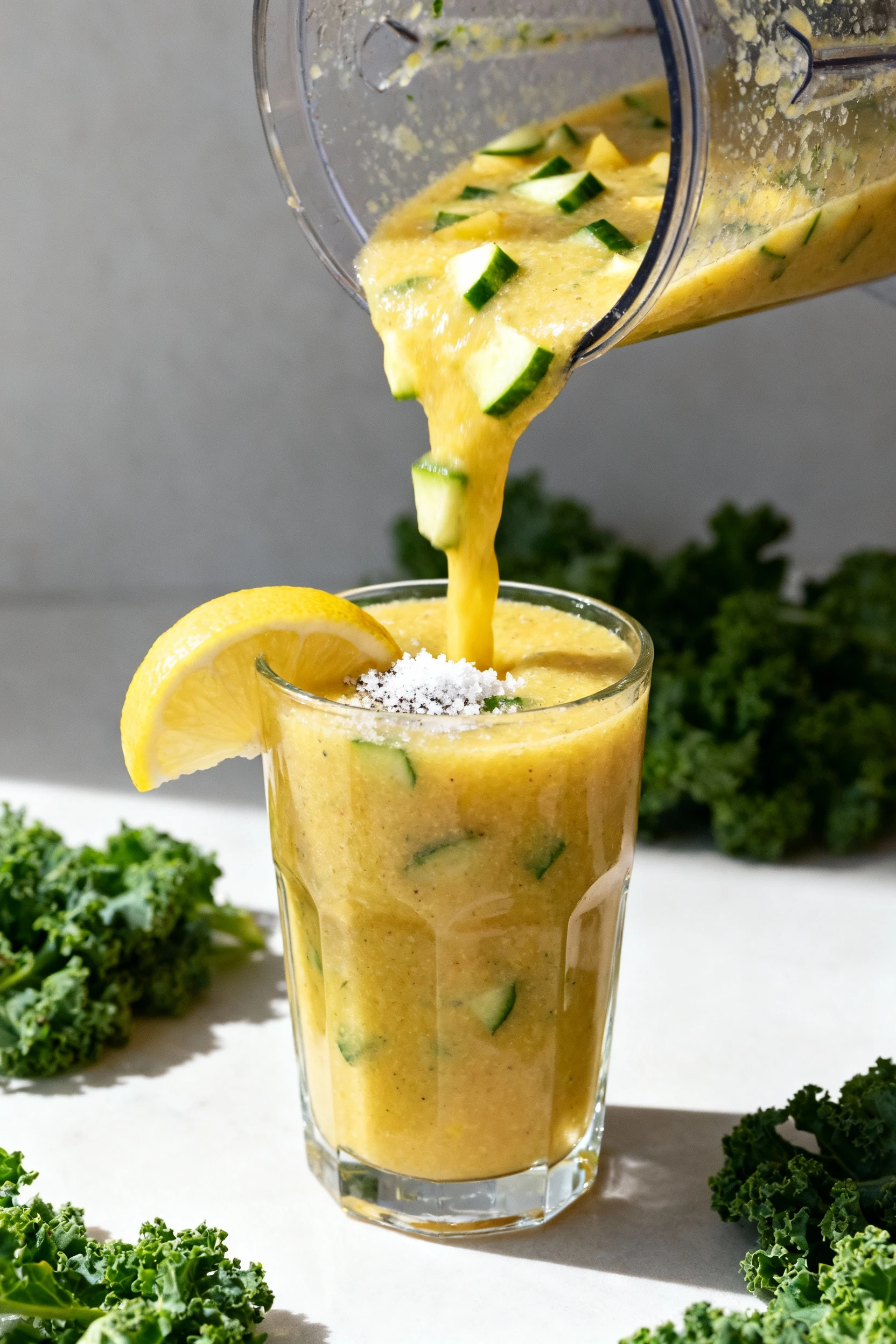 Process shot: Tropical Kale Crush being poured from a blender into a clear highball, thick pineapple–kale stream with ti