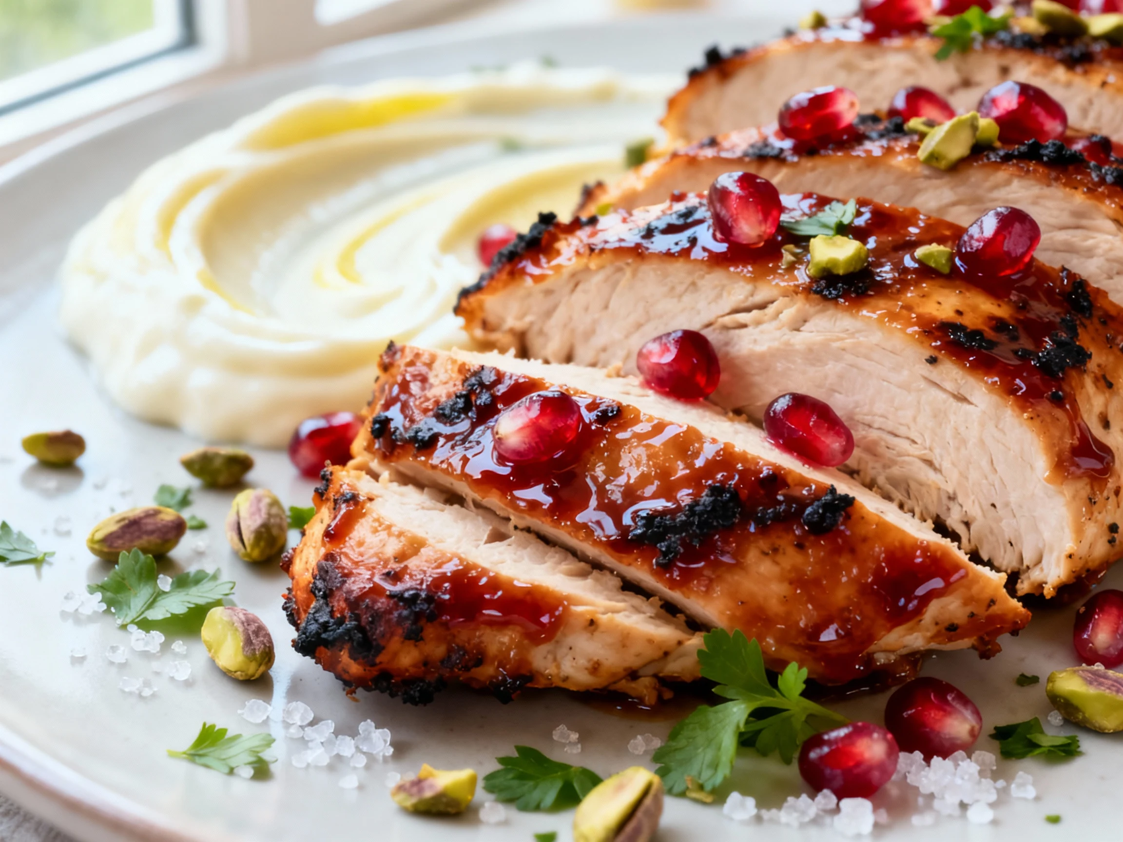 Food photography, Macro close-up of sliced pomegranate-glazed chicken, charred edges and sticky sheen with arils clingin