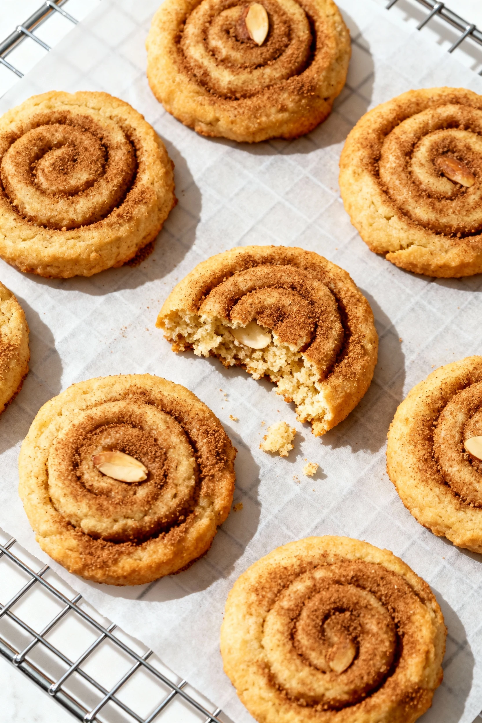 Tasty top view: Overhead shot of cinnamon almond cookie bites just baked with lightly golden edges, rolled in cinnamon-s
