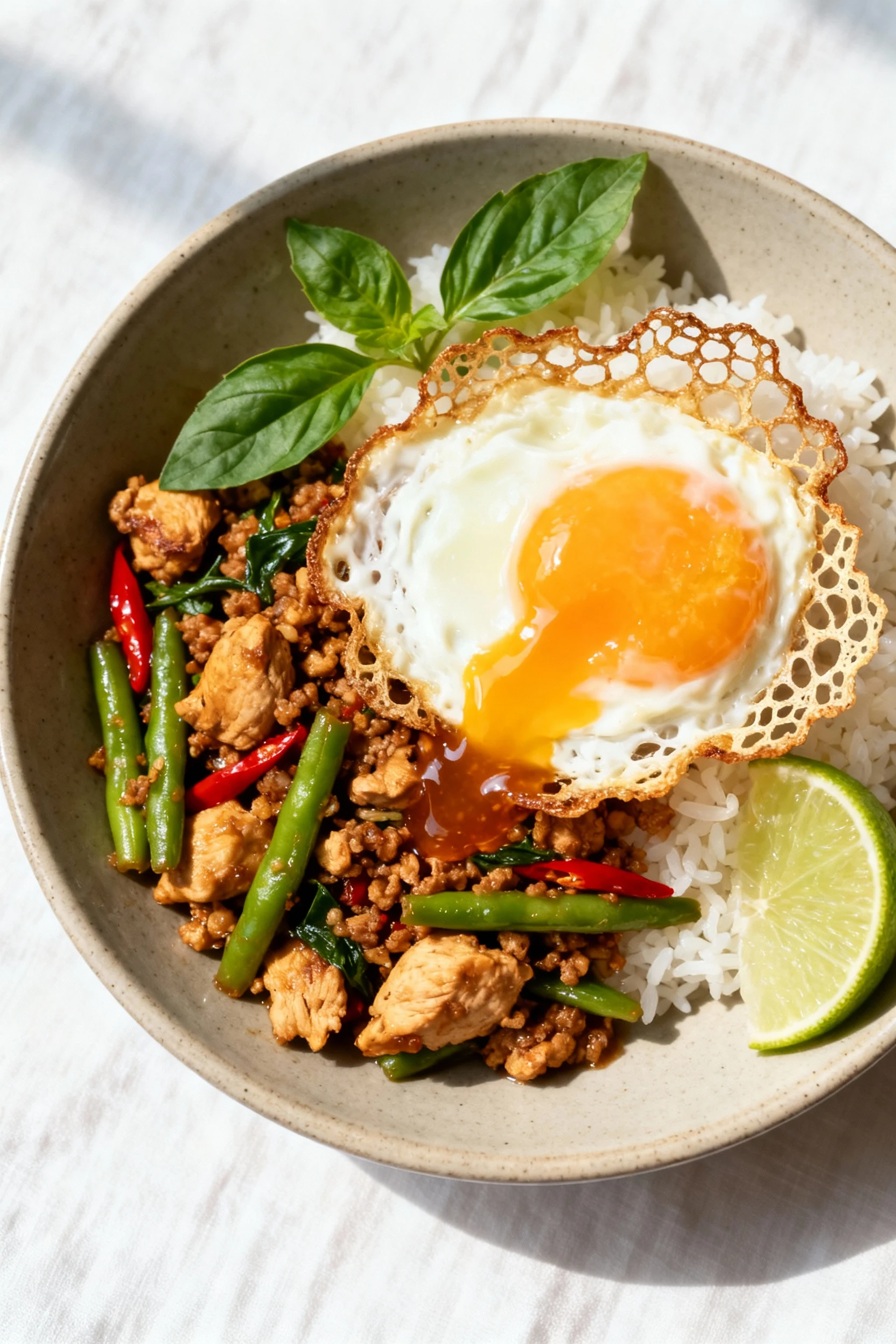 3. Tasty top view: Overhead plate of hot jasmine rice topped with Pad Kra Pao chicken and a crispy fried egg (lacey edge