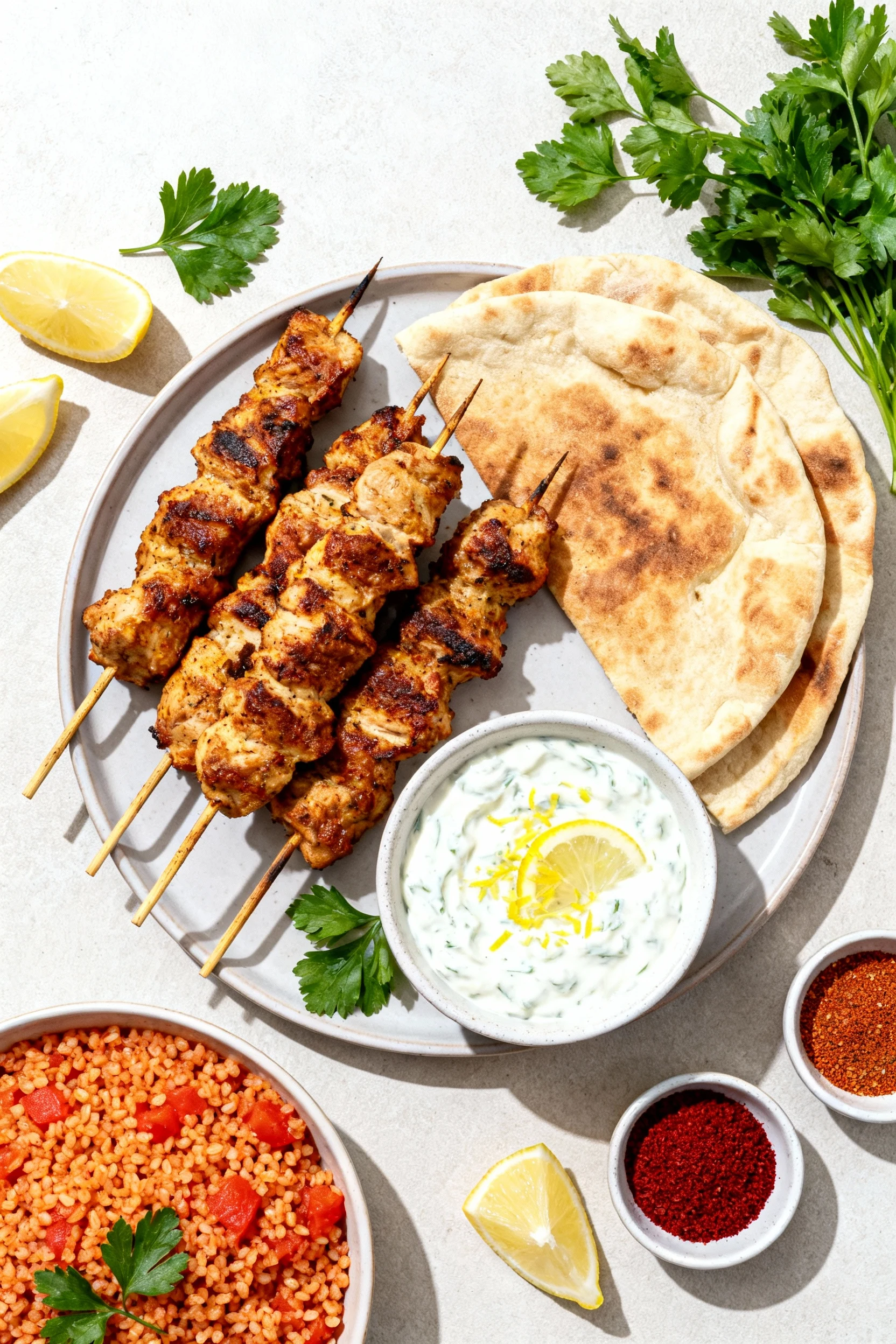 Overhead shot of a shareable platter: Turkish chicken skewers with warm flatbreads, a bowl of cool yogurt–garlic sauce w