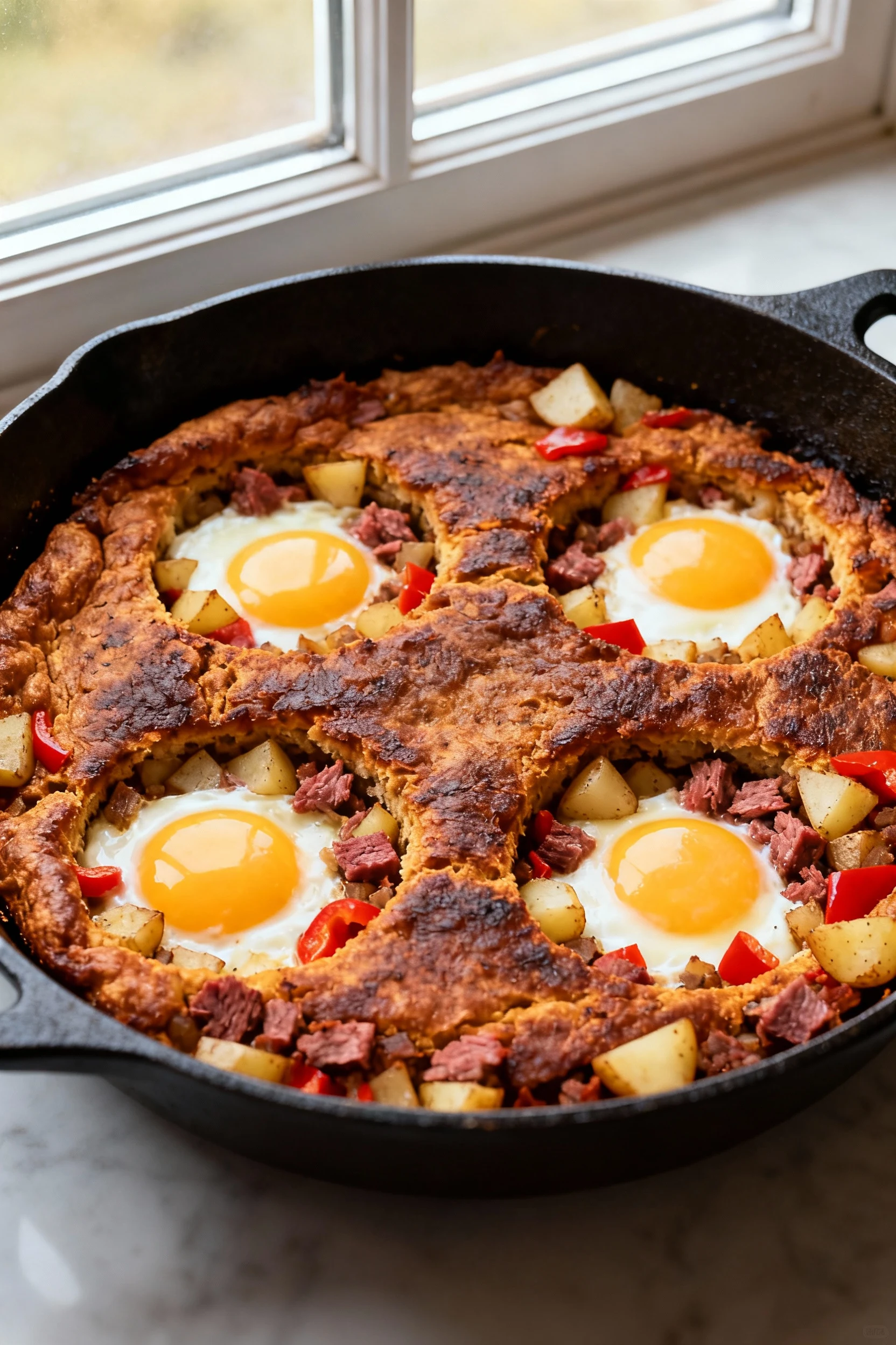 Cooking process overhead: corned beef hash in a cast-iron skillet, pressed into an even layer with a deeply browned crus