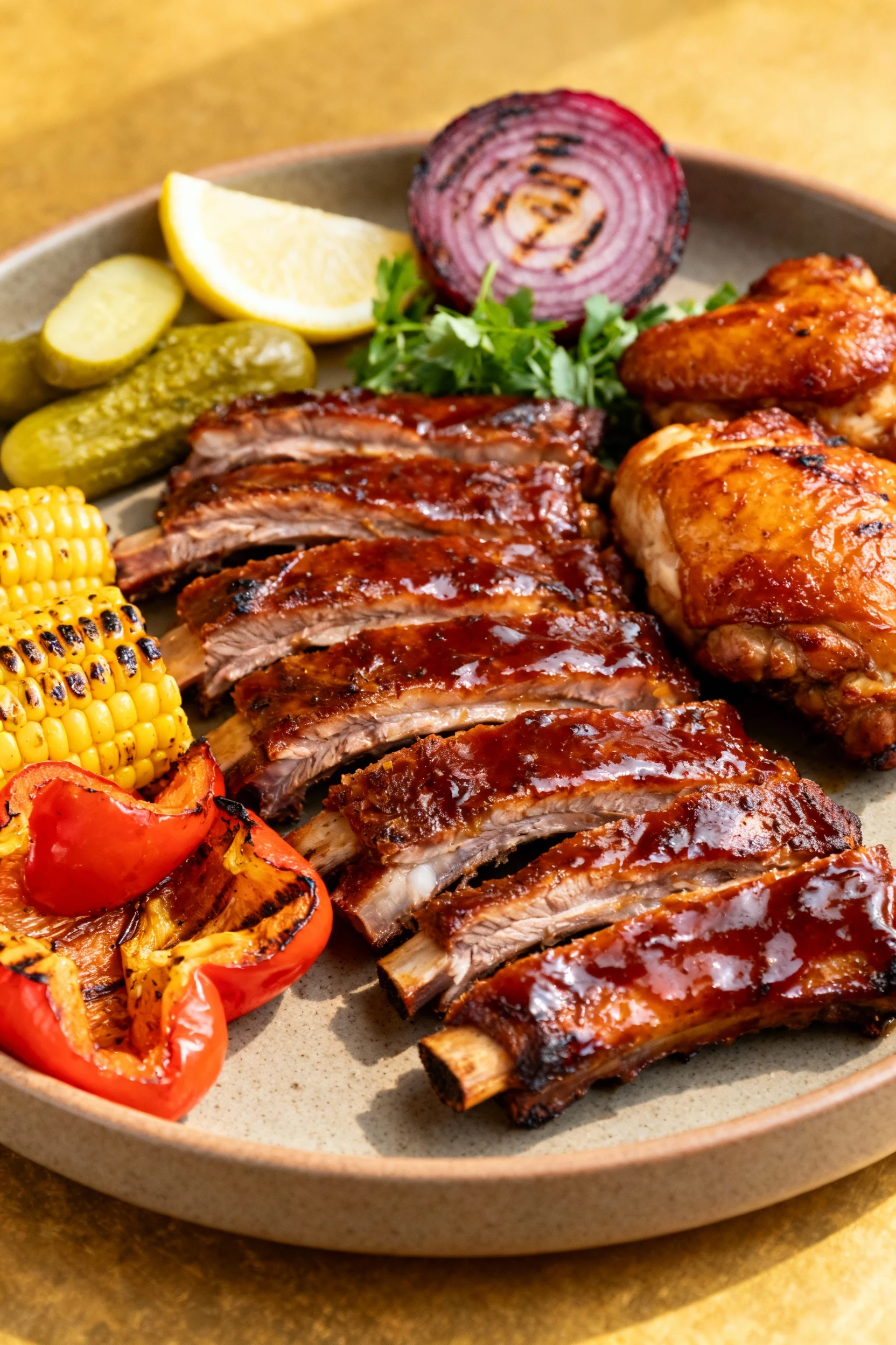 Beautifully plated BBQ platter: sliced ribs with glossy glaze, crispy-skinned glazed chicken thighs, charred sweet corn,