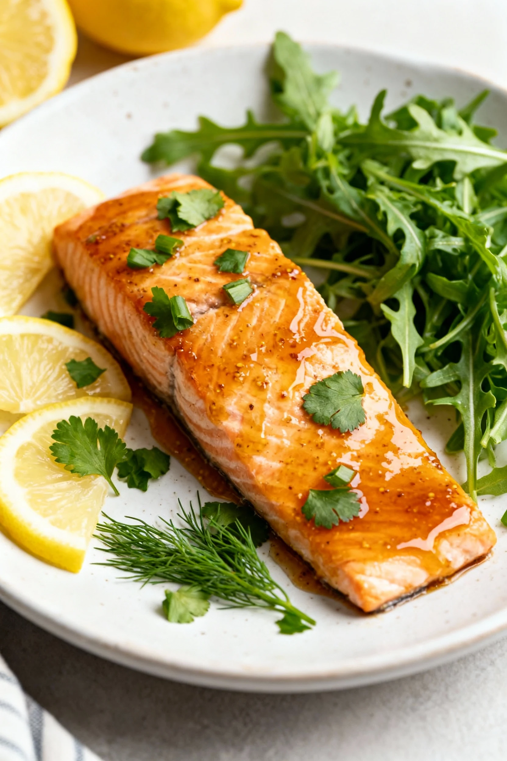 Beautifully plated Maple Dijon air-fryer salmon on a white ceramic plate, thin amber glaze, lemon wedges, chopped parsle
