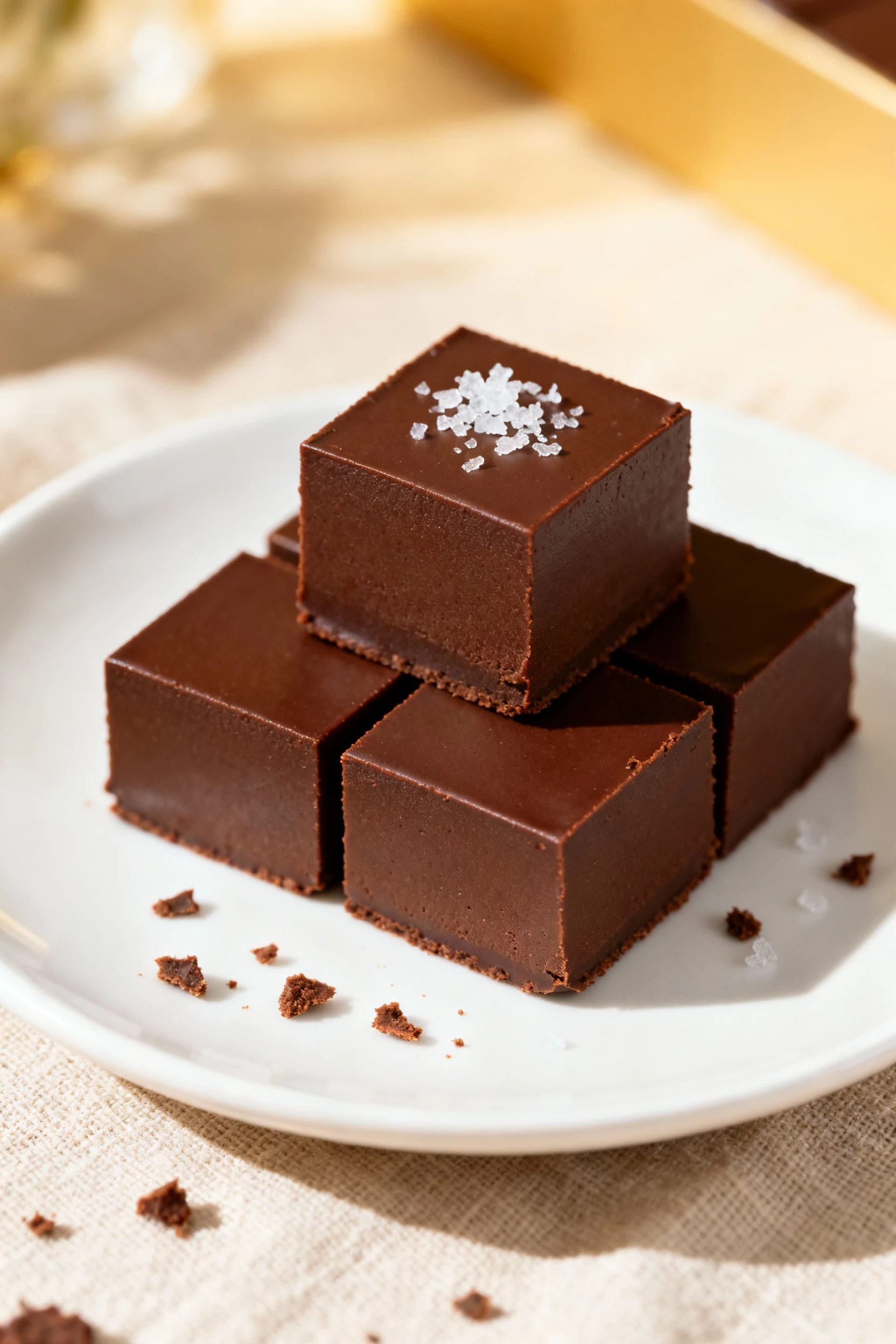Beautifully plated classic chocolate fudge: 1-inch squares with satiny surface and razor-clean edges, finished with a pi