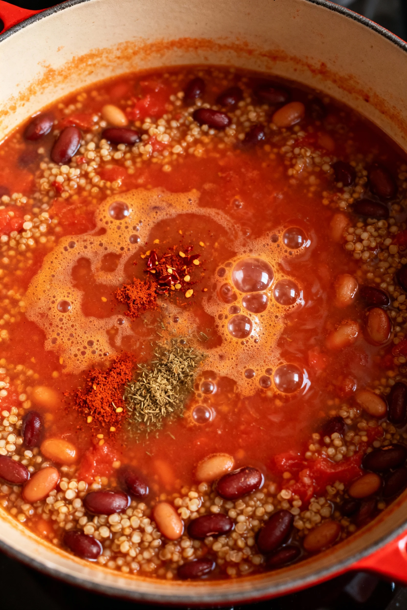 Mid-cooking process shot of quinoa and beans simmering in tomato-rich broth with visible bubbles and blooming spices, de