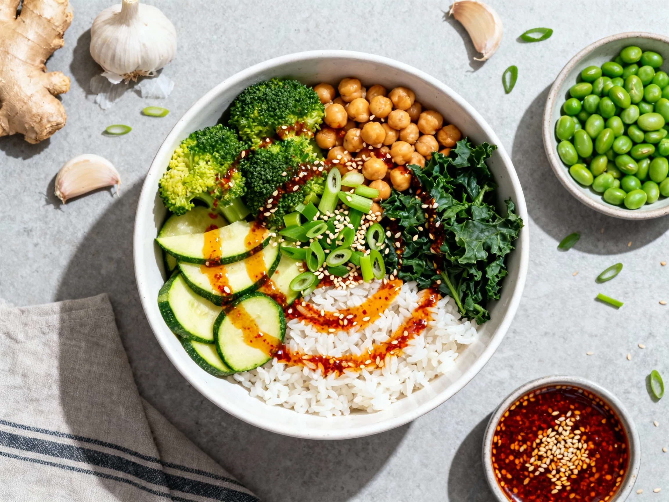 Food photography, Overhead shot of Ginger–Garlic Sesame bowl: broccoli, zucchini, peas, kale with rice and chickpeas, ch