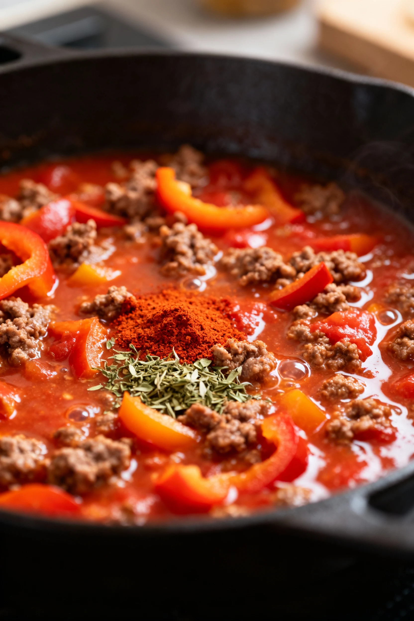 Cooking process shot of ground beef simmering in tomato sauce with chopped bell peppers, paprika, and oregano visibly bl
