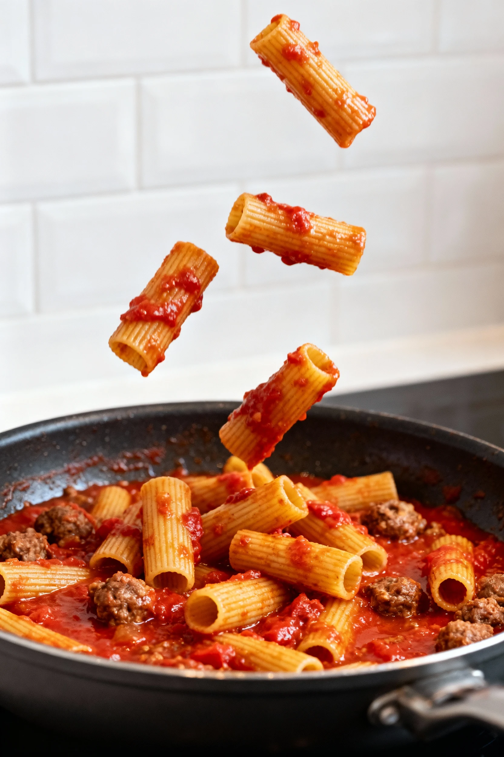 Cooking process shot of rigatoni being coated in simmering tomato and Italian sausage sauce inside a deep skillet, sauce