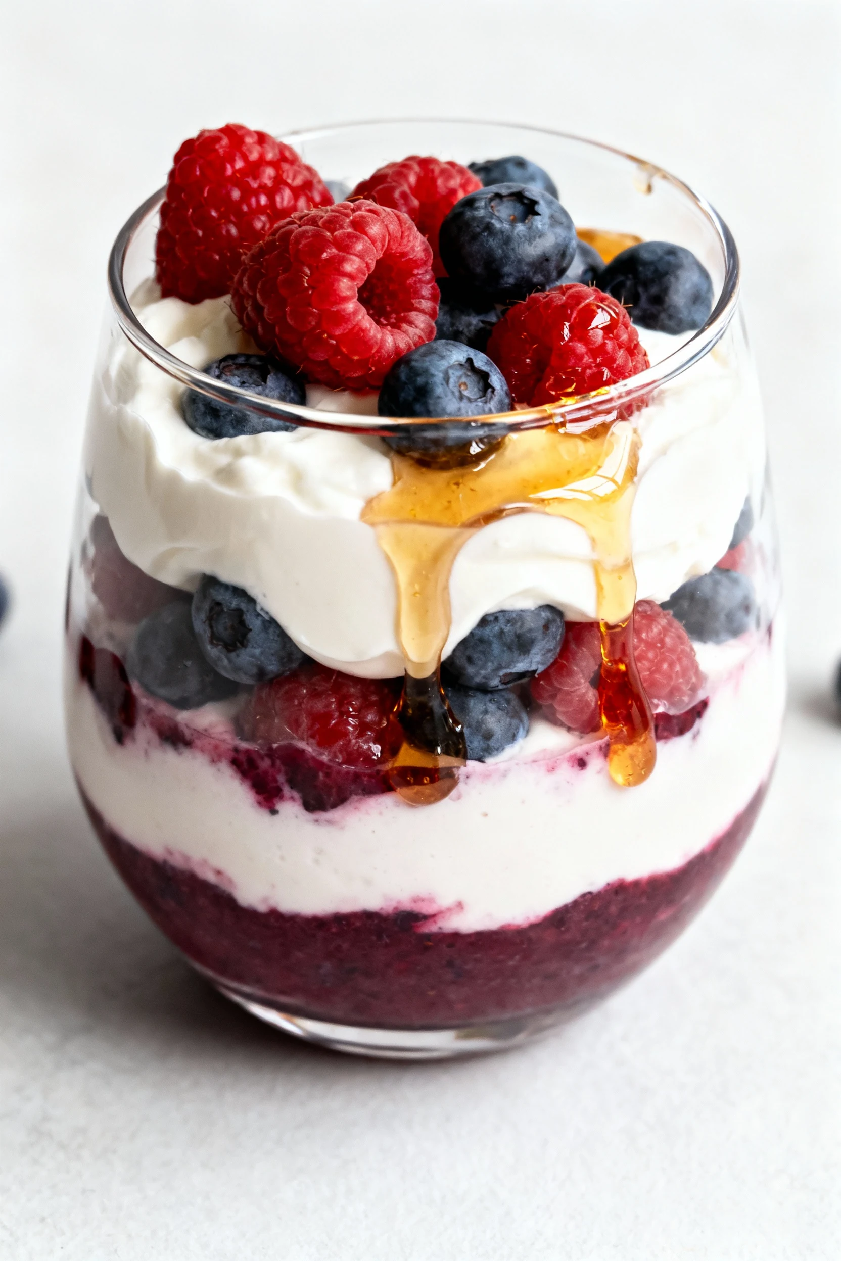 Overhead shot of a berry yogurt parfait in a clear glass, distinct layers of thick Greek yogurt, bright raspberries and 