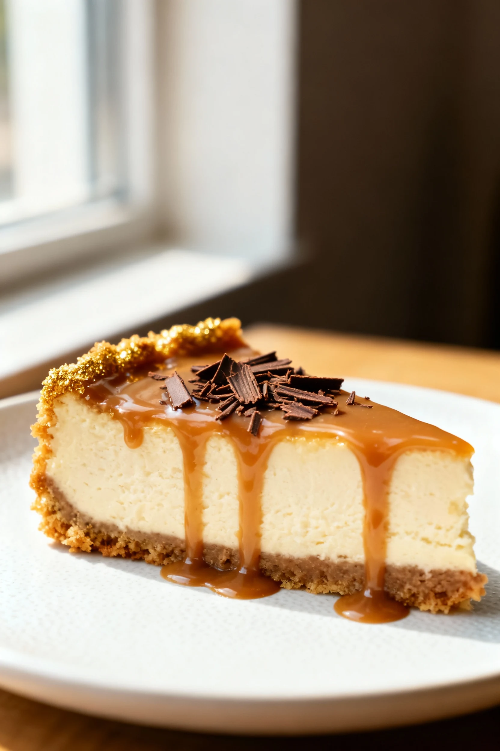 Beautifully plated slice of no-bake cheesecake on a matte white dessert plate, adorned with caramel drizzle and chocolat