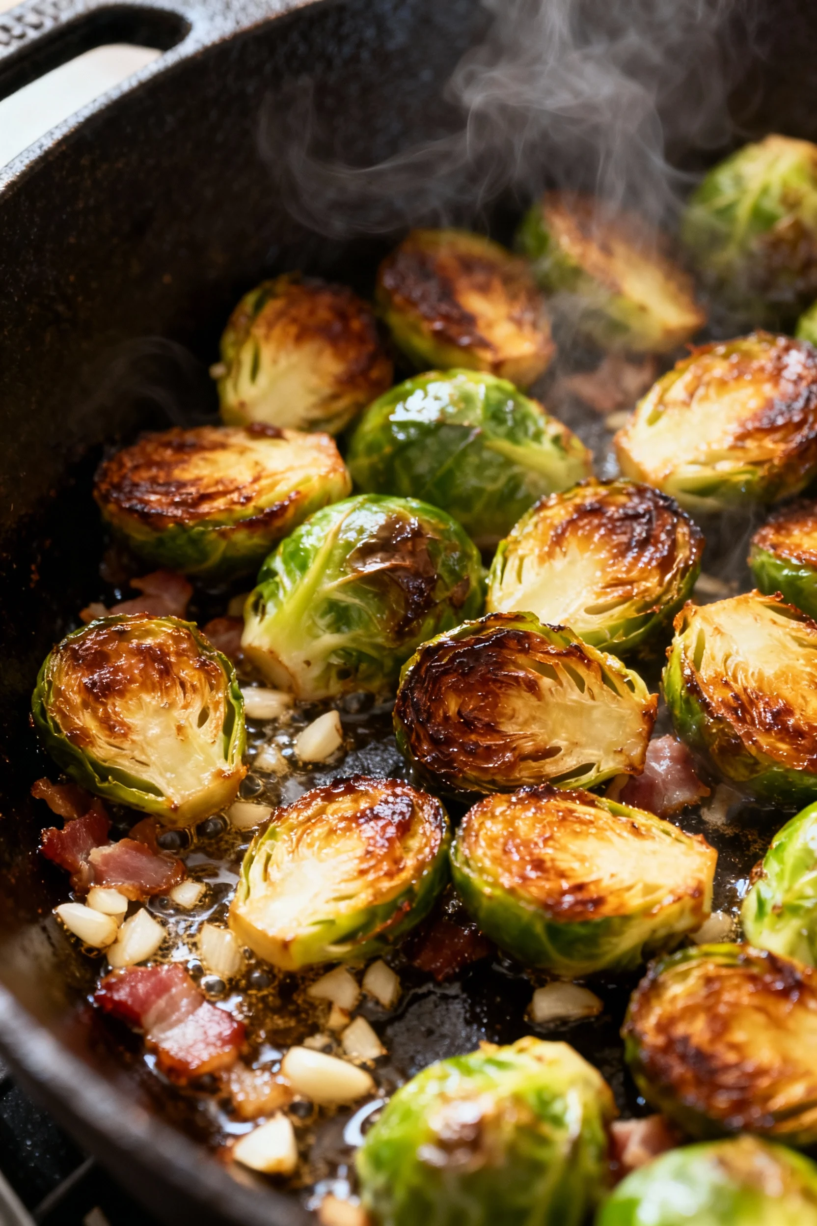 Cooking process shot showing brussel sprouts cut-side down in a cast iron skillet, searing to a deep caramel color along