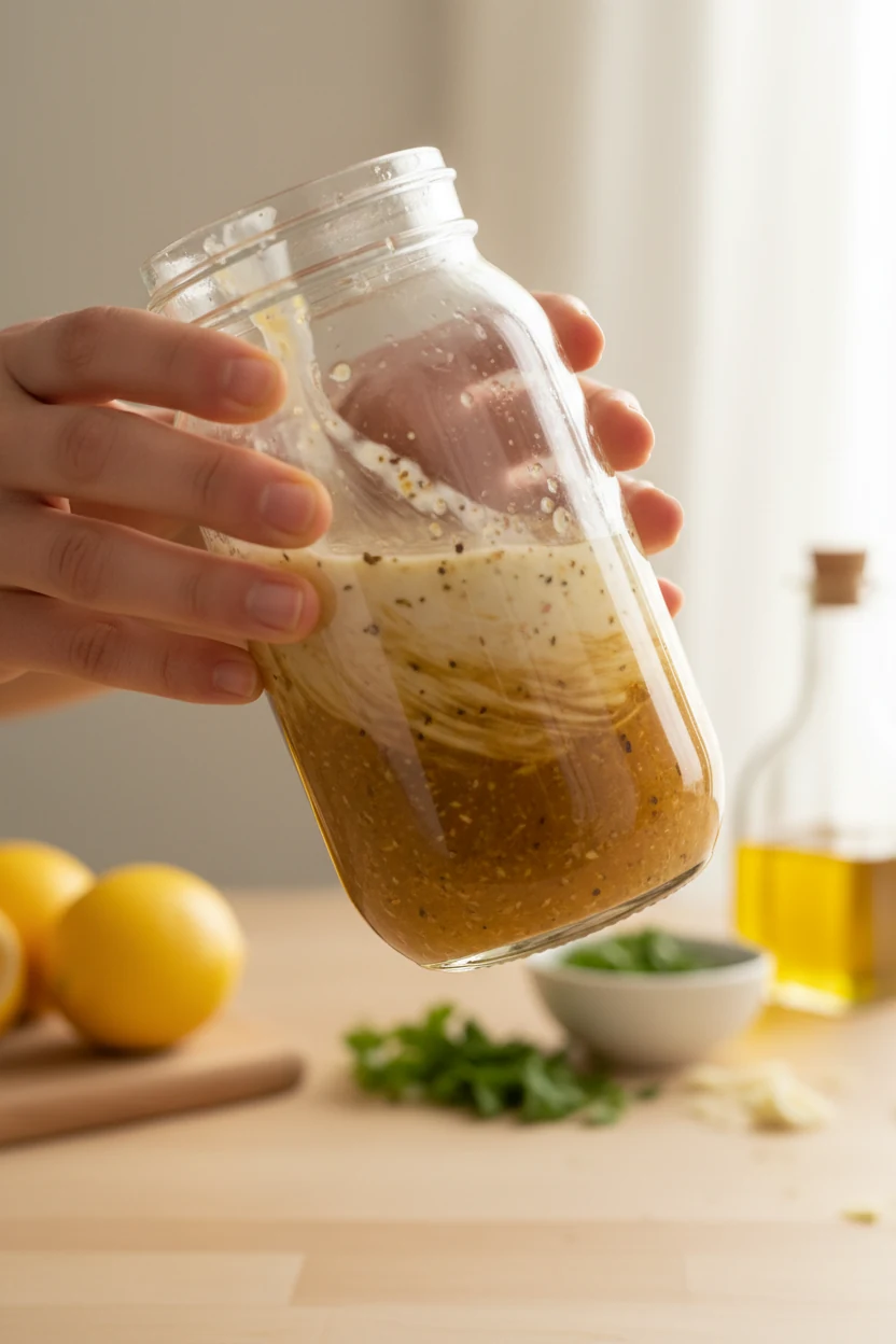Step-by-step cooking scene: vinaigrette being vigorously shaken inside a clear glass jar, with emulsified dressing swirl