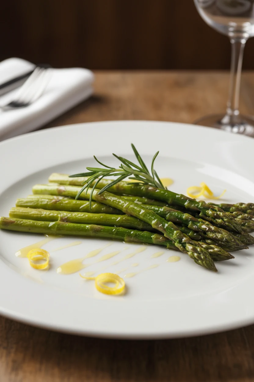 Beautifully plated baked asparagus drizzled with fresh lemon juice, artfully fanned on a white ceramic plate with a garn