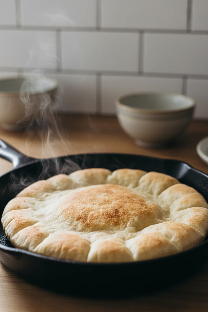 Cooking process shot of pita bread warming in a cast iron skillet, edges slightly blistered and soft, steam rising in na