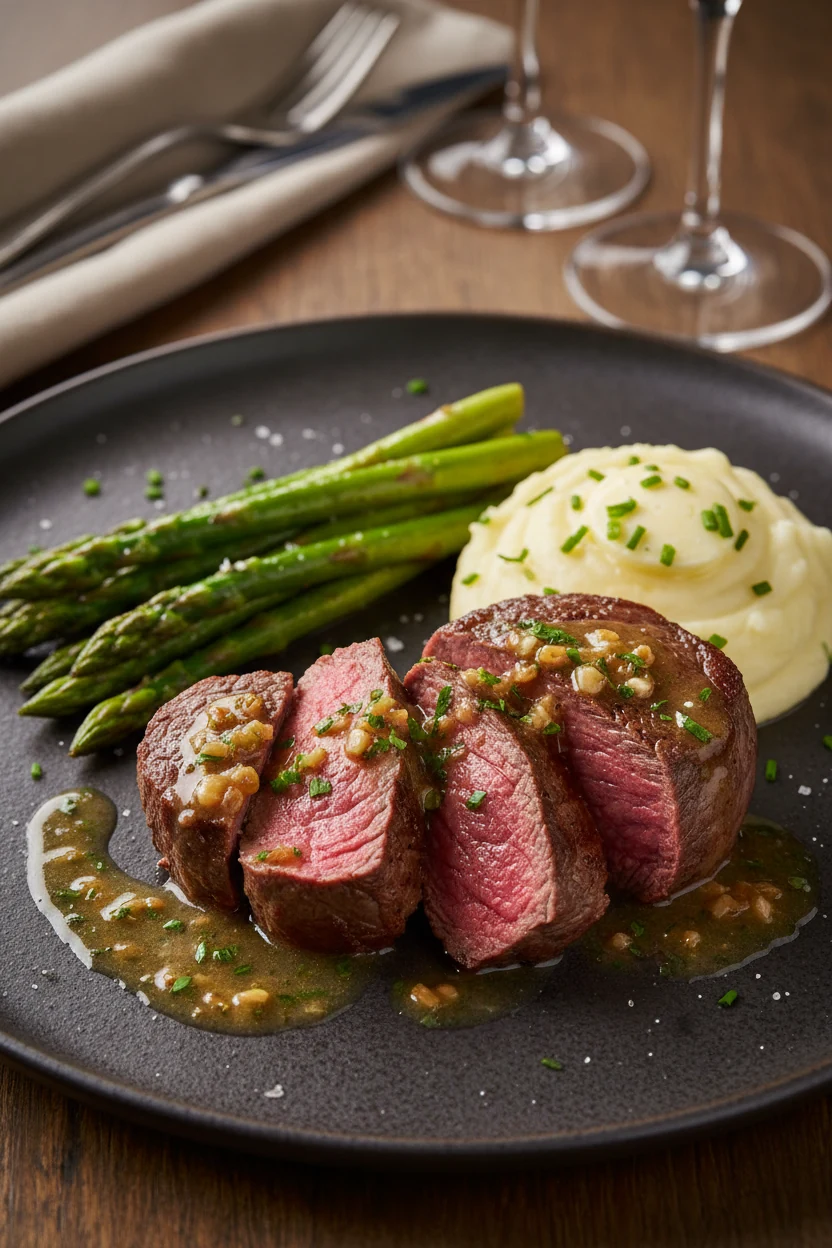 Beautifully plated medium-rare filet mignon sliced to reveal tender pink center, drizzled with buttery garlic-herb sauce