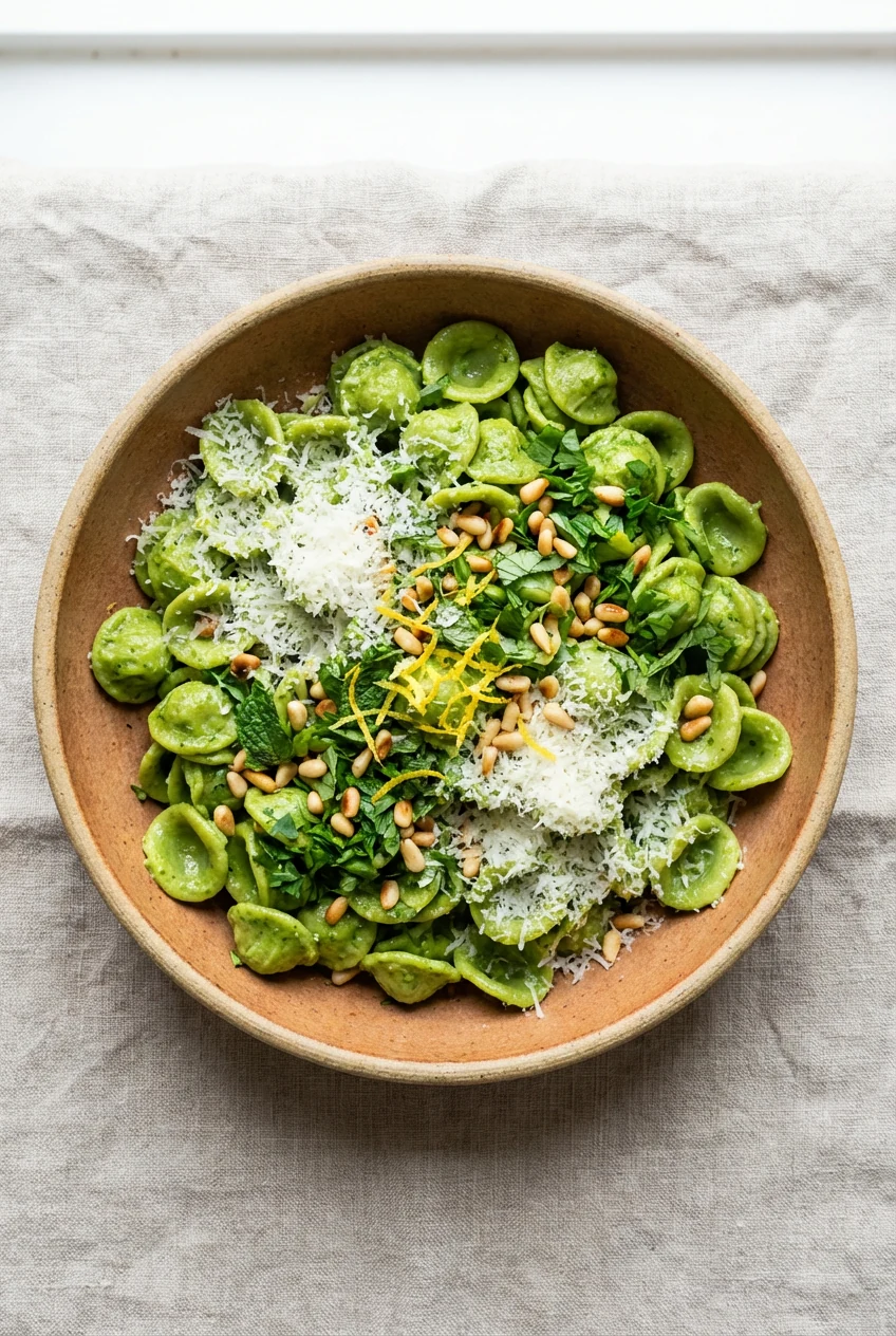 Overhead shot of spring-green orecchiette in a warm bowl, topped with finely grated Parmesan, chopped mint–basil–parsley