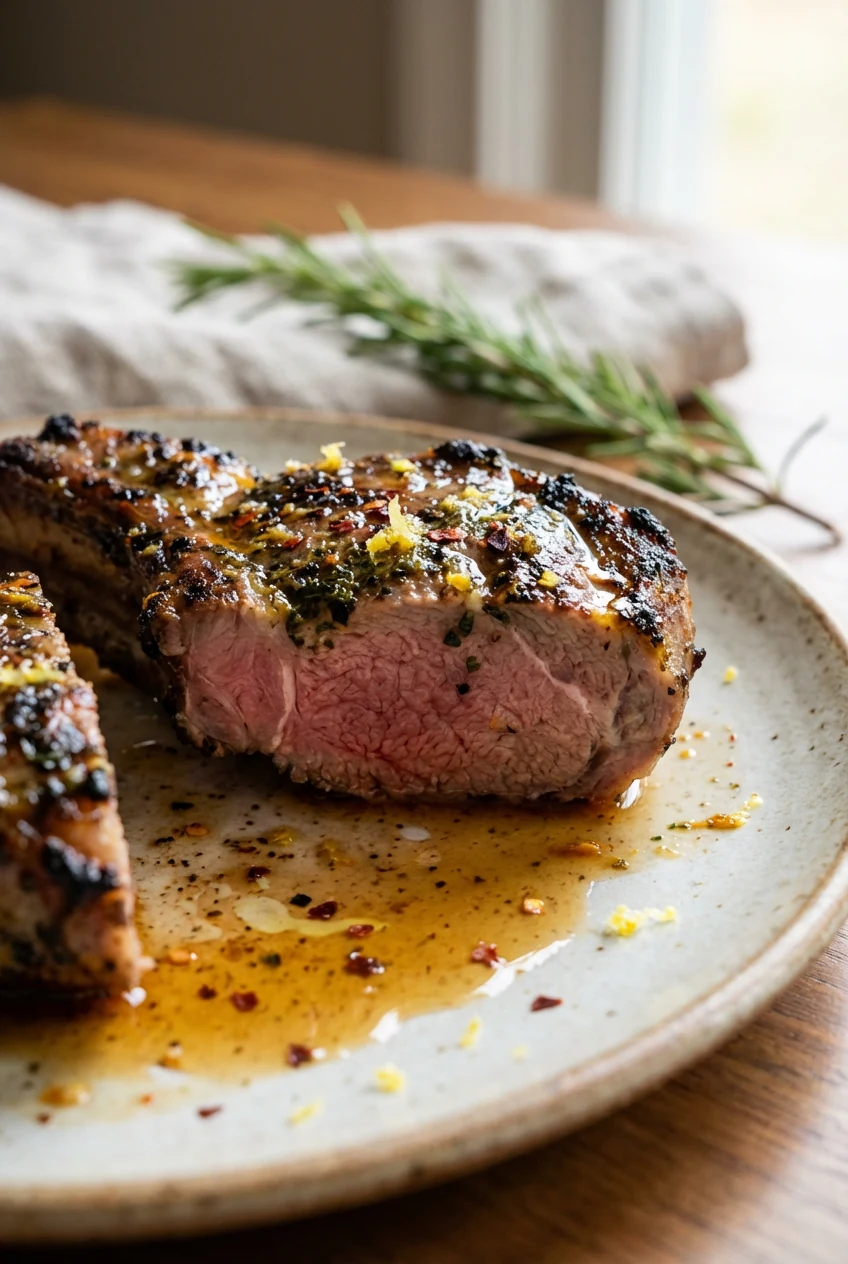 Close-up of a lamb chop’s cut surface showing blushing center and charred herb-garlic-Dijon crust; lemon zest sparkles, 