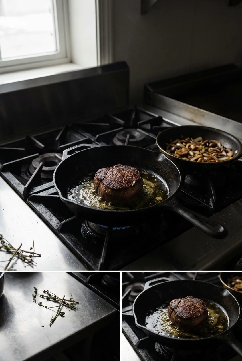 Cooking process: round steak searing in a heavy skillet; deep brown crust, sizzling olive oil, fond building; onions and