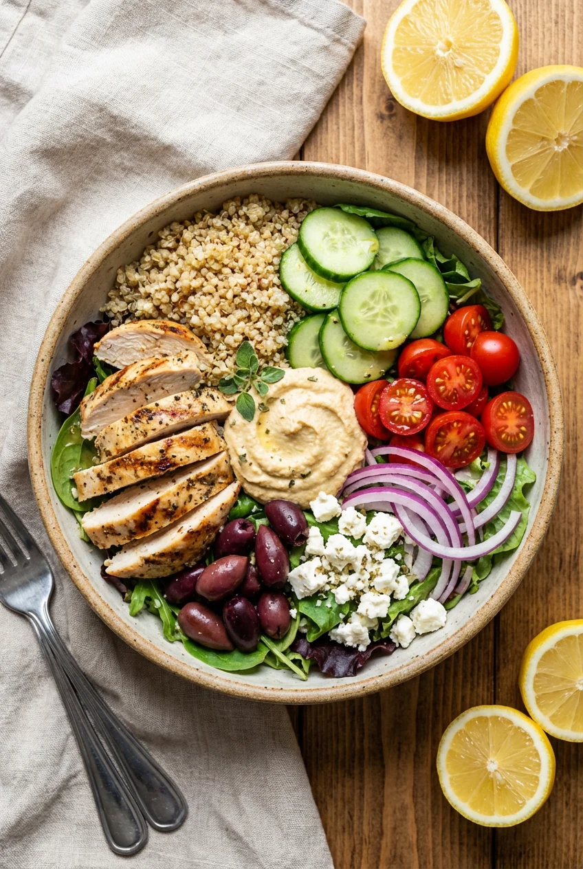 Tasty top view: Overhead shot of Mediterranean Power Bowl—quinoa and greens base, grilled chicken slices, cucumber, cher