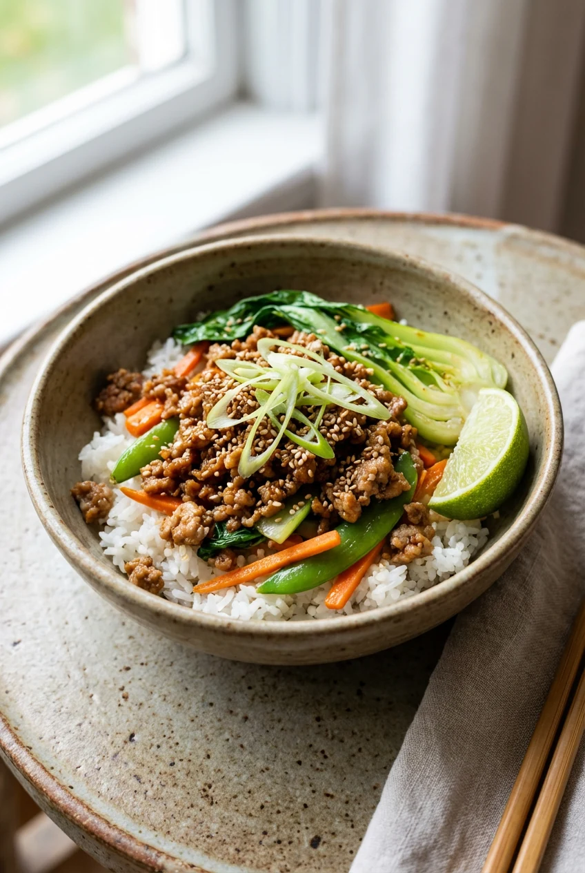 3. Final dish: jasmine rice bowl topped with sticky ginger-garlic ground pork and crisp-tender veggies, garnished with t