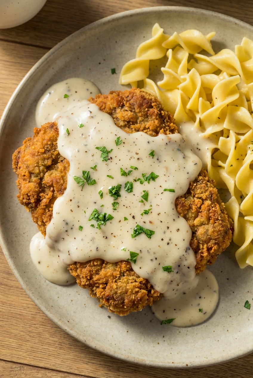 Overhead shot of country-fried cube steak: ultra-crisp golden breading topped with peppery white gravy, parsley sprinkle