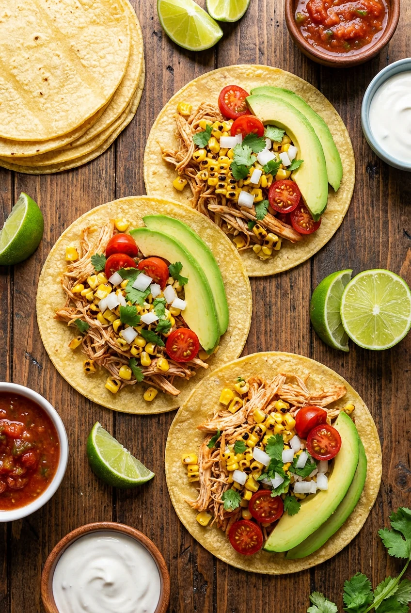 Overhead shot of street-style tacos loaded with slow-cooker chicken, bright corn and cherry tomatoes, avocado slices, wh