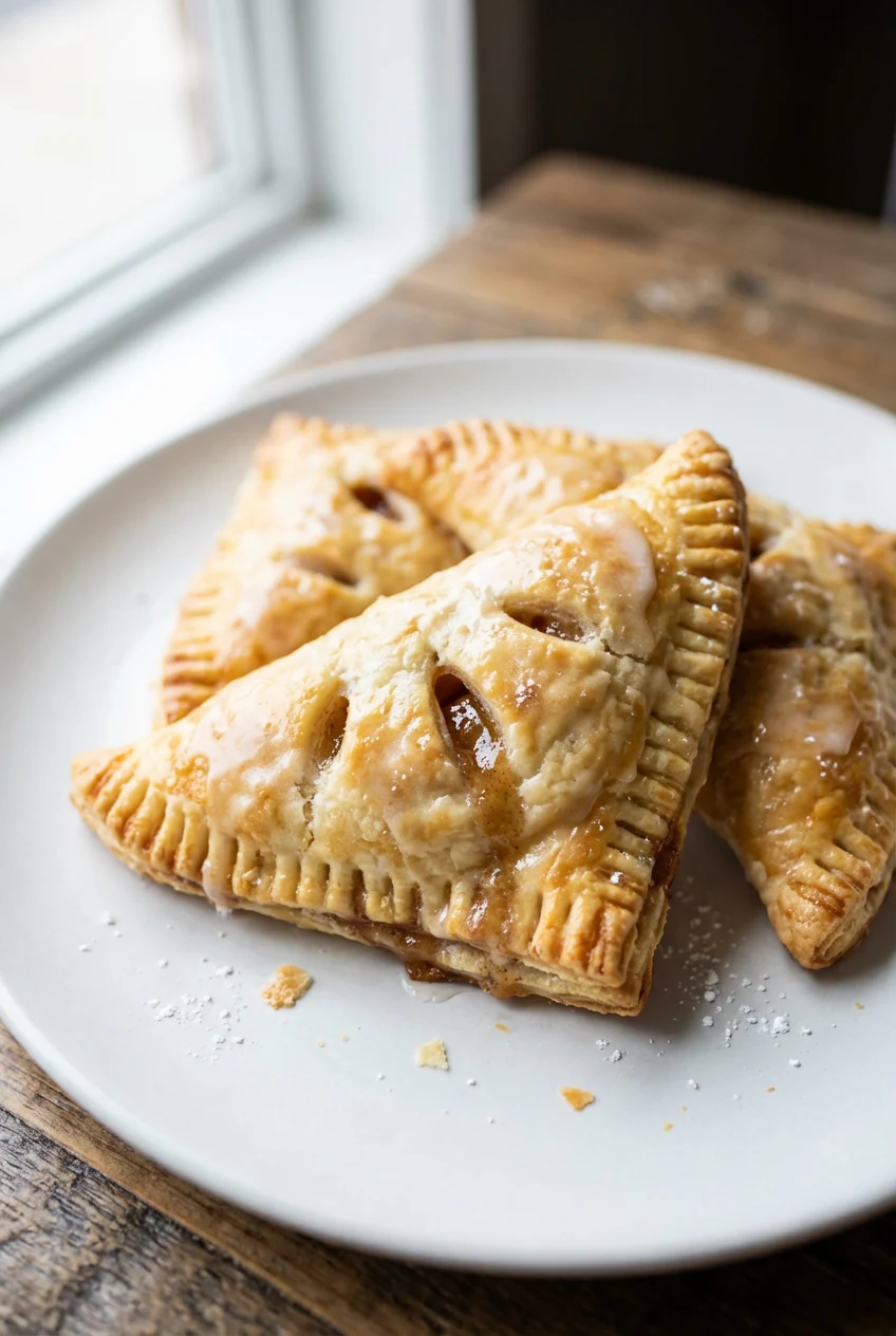 Beautifully plated turnovers (hand pies) with crimped edges: flaky pastry, vents revealing a peek of glossy spiced apple