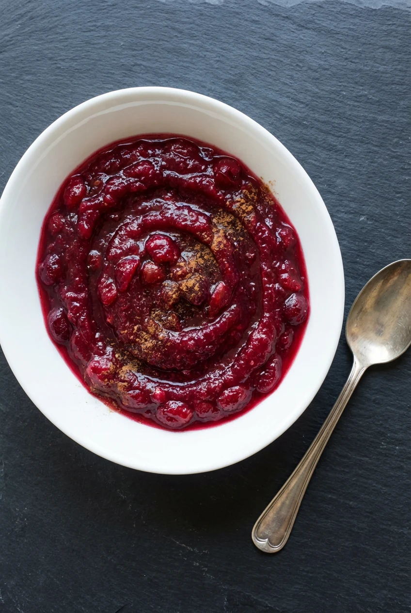 Overhead shot of cran-apple applesauce: jewel-toned ruby sauce dotted with softened cranberry pieces, light cinnamon spr