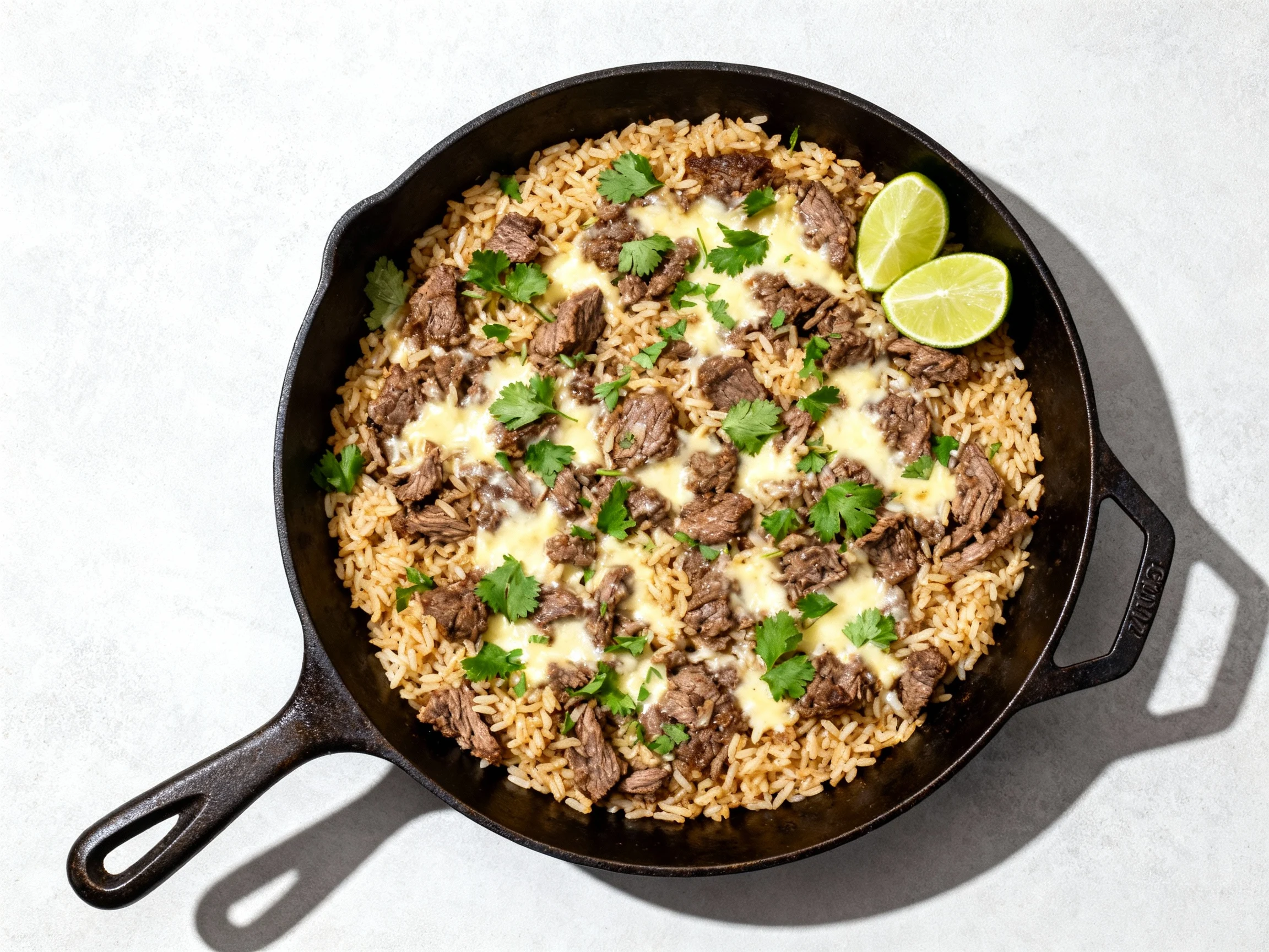Food photography, Overhead shot of the one-pan beef-and-rice after resting and fluffing: even layer of tender rice and b
